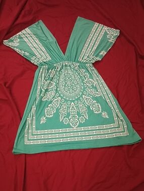 123 USA Teal Printed V-Neck Tunic Dress With Designs Flowy Whimsical Boho Size L